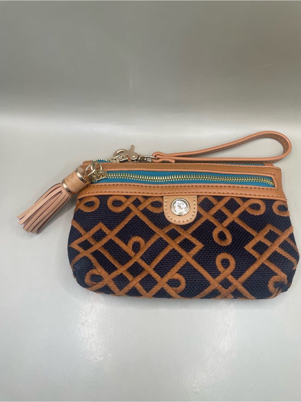 SPARTINA 449 Deep Blue Brown Linen & Leather Mareena Tassel Wristlet Purse